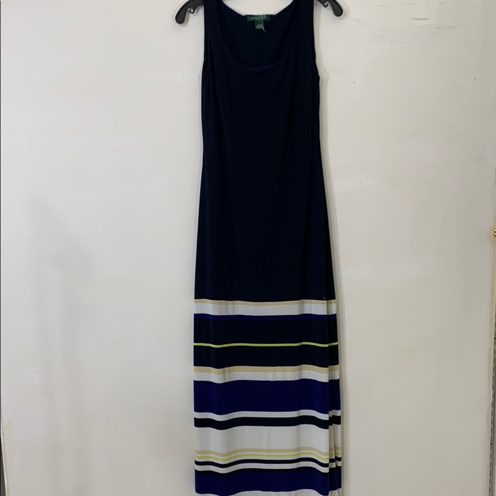 Lauren Ralph Lauren Navy Maxi Dress with White, Gold & Purple Stripes